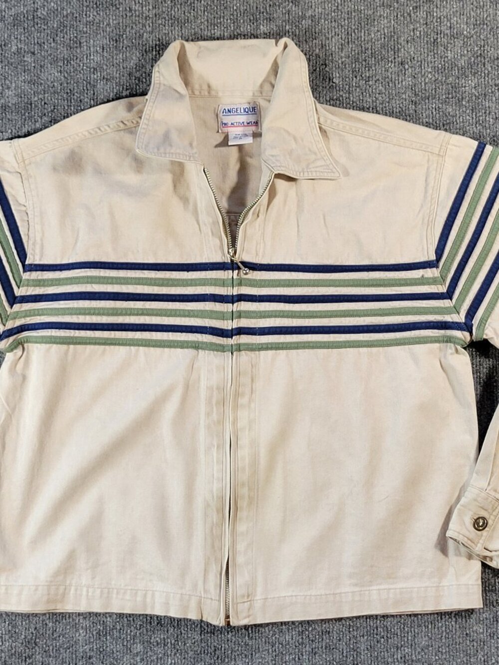 Vintage Angelique Pro-Active Wear 100% Cotton Zip up Shirt Jacket Chest Stripes